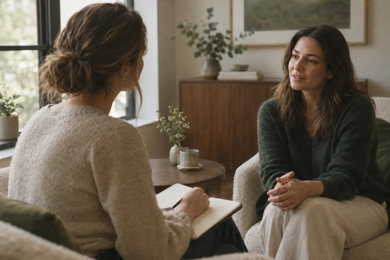 A patient care coordinator listening to a patient in a calm consult room