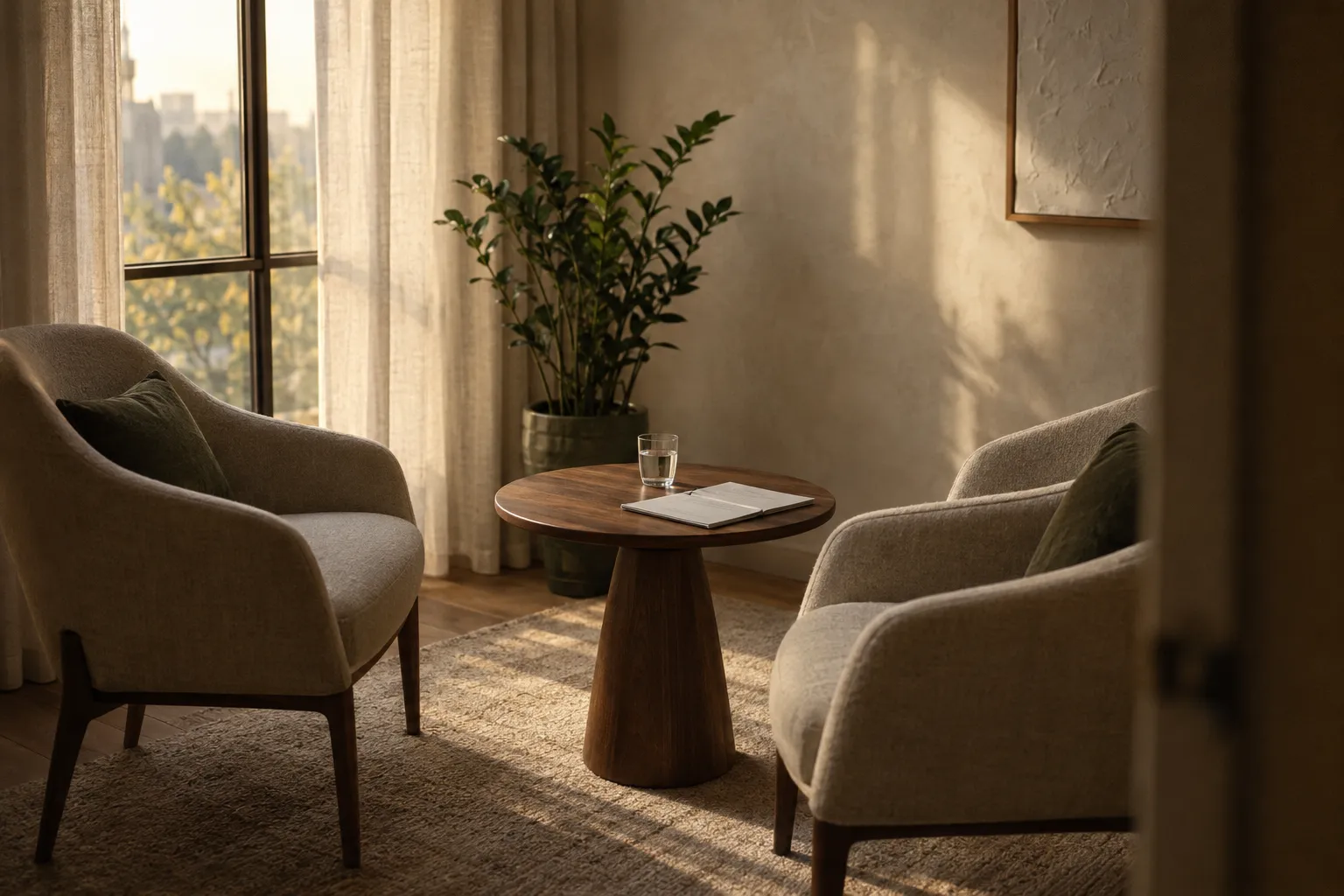 A quiet consultation room with two chairs facing each other across a small walnut table